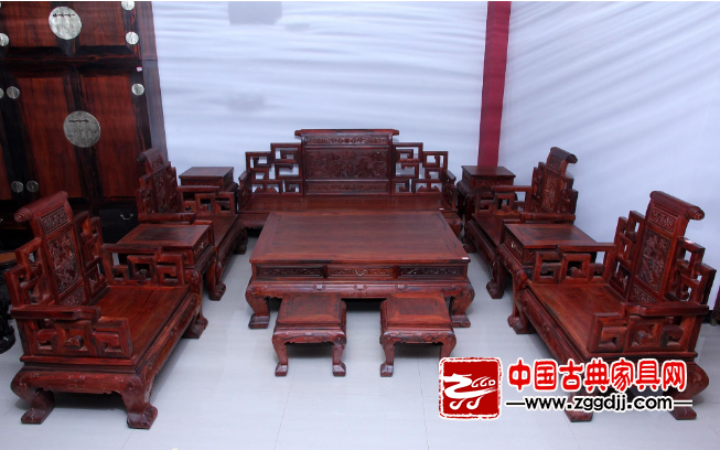 大红酸枝卷书沙发十二件套-中国古典家具网